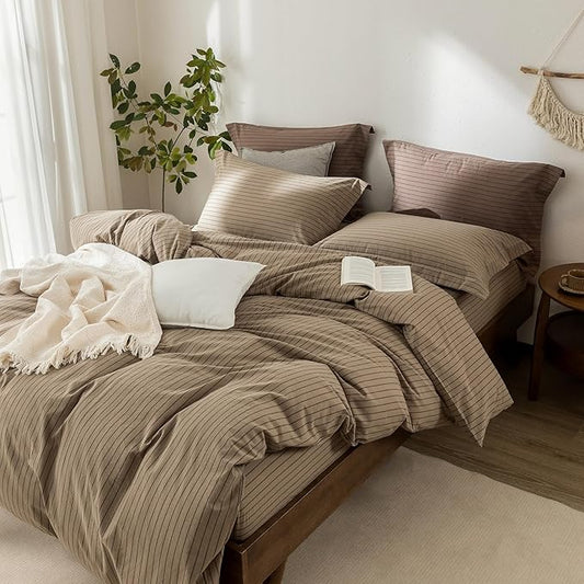 Stripe Duvet Cover Queen Size 90inch x 90inch,100% Washed Cotton Pinstripe Duvet Cover with Zipper Closure and 2 Pillowcases, Color of Light Camel-Black Stripe