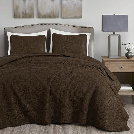 Chezmoi Collection Austin 3-piece Oversized Bedspread Coverlet Set (King, Chocolate) | Oversized, Lightweight, Fade Resistant