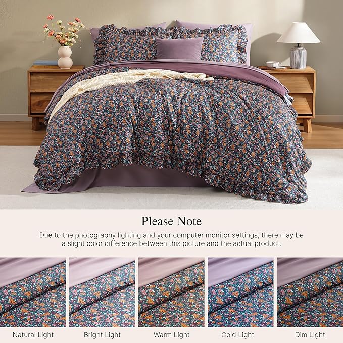 Queen Comforter Set - 7 Pieces Ruffle Purple Ditzy Bedding Sets, Shabby Chic Farmhouse Bed in a Bag with Ruffle Comforter, Sheets, Pillowcases & Shams