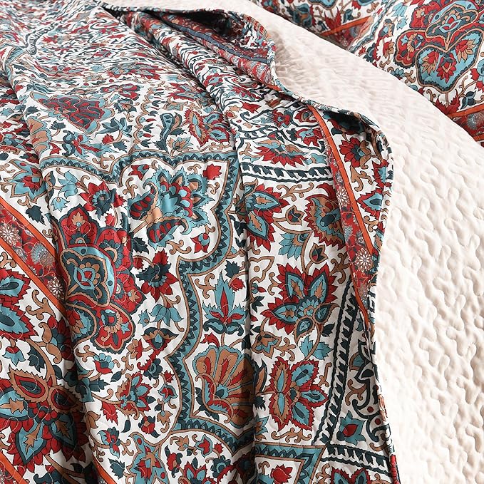 HORIMOTE HOME Boho Quilt Queen Size, Reversible Bohemian Style Twill Strip Floral Quilt Beddding Set, Colorful and Soft Bedspread Full Size Quilt Coverlet for All Season, 2 Pillow Shams (3 Pieces)