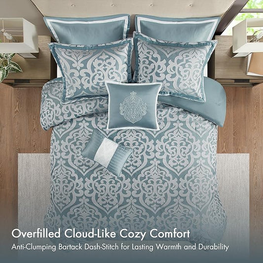 Madison Park Odette Cozy King Size Comforter Set Jacquard Damask Medallion Design - Modern All Season, Down Alternative Bedding, Shams, Decorative Pillows, King(104 in x 92 in), Aqua