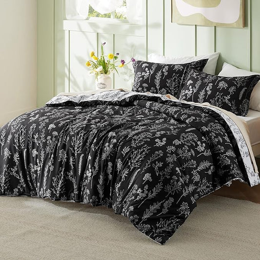 Bedsure Queen Comforter Set - Black Bed Set, 3 Pieces Cute Floral Bedding, 1 Soft Reversible Botanical Flowers Comforter and 2 Pillow Shams