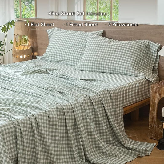 MooMee Gingham Sheet Set 100% Washed Cotton Linen Like Textured Breathable Soft w/ Fully Elasticized 16-19" Deep Pocket (Classic Gingham Sage Green, King)