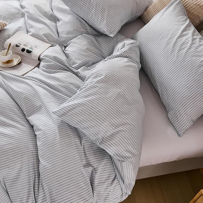 Merryword Striped Duvet Cover Set Queen Size - 100% Cotton Duvet Cover Set with Zipper Closure & 8 Corner Ties, Blue Pinstripe Bedding Set 3 Pieces, Soft Linen Like Bedding Set for All Seasons