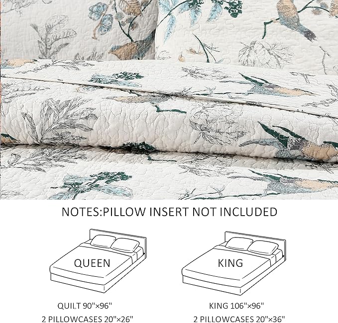 DURLENGEN Birds & Floral 100% Cotton King Quilt 3Pcs,Reversible Birds & Flowers Pattern on White,Luxury Lightweight Coverlet Sets for All Season(King 106x96,Birds & Floral)