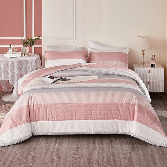 Litanika Pink King Size Comforter Set, 3 Pieces Blush White Colorblock Lightweight Bedding Comforter Set