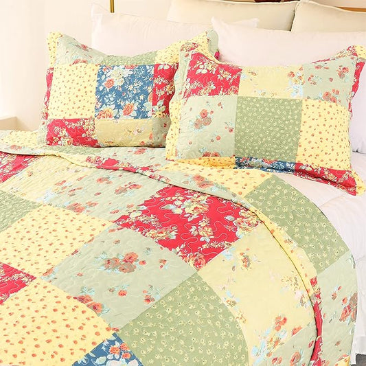 Cmfshape Summer Floral King Quilted Bedspread,Romantic Pink Quilt Set,Reversible Stitched Bedding Cover All Season,Soft Lightweight Coverlet with Pillow Cases (Yellow&Green, King(102"x90"))