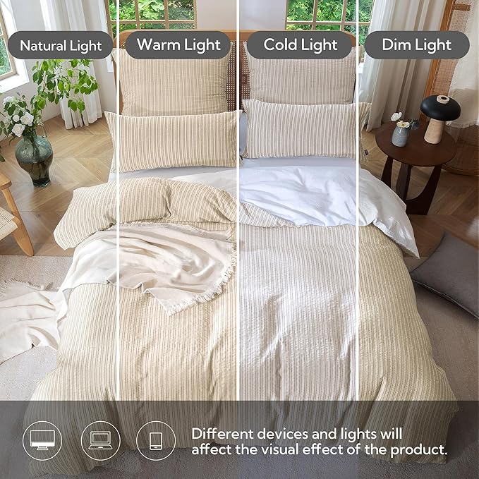 MILDLY Jacquard Stripe Duvet Cover - 100% Washed Cotton Khaki Boho Textured Comforter Cover Set with Zipper Closure 90"x90"