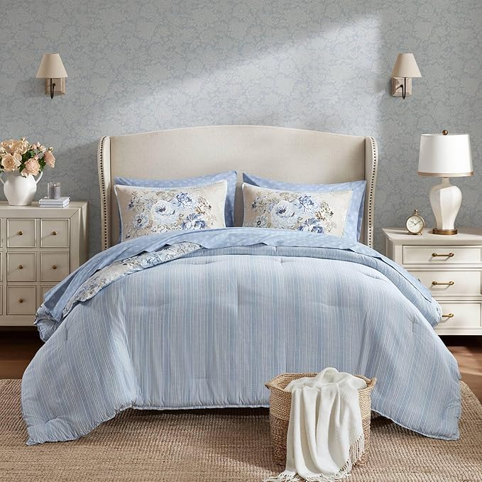 Madison Park Essentials Floral Comforter Set Twin XL Size, Vintage Flower Bedding Set with Sheet Set, 5 Pieces Bed in a Bag, Reversible Botanical Comforter, Pillowcases & Shams, Heather, Beige/Blue