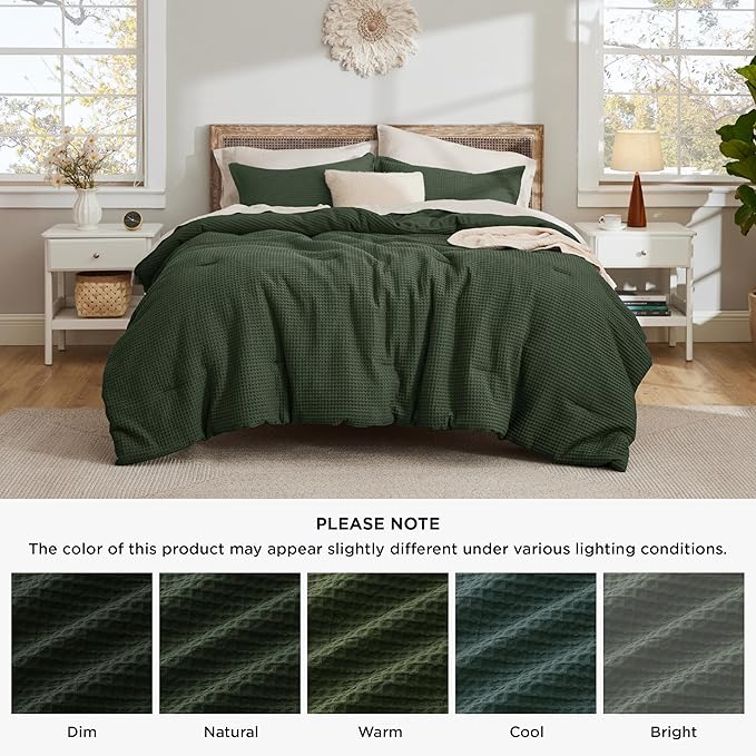 Bedsure Waffle Comforter Set Queen, Olive Green Soft Bedding, Waffle Weave Bed Set, 3 Pieces, 1 Comforter (90"x90") and 2 Pillow Shams, Cotton Shell and Polyester Lining for All Seasons