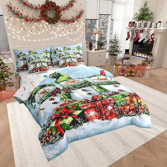 Castle Fairy Cute Winter Snowman King Comforter Set with Sheets Bed in a Bag 7 Pcs, Botanical Leaves Bed Set,Farmhouse Style Bedding Sets with Comforter,Flat,Fitted Sheet,Pillowcases,Pillow Covers