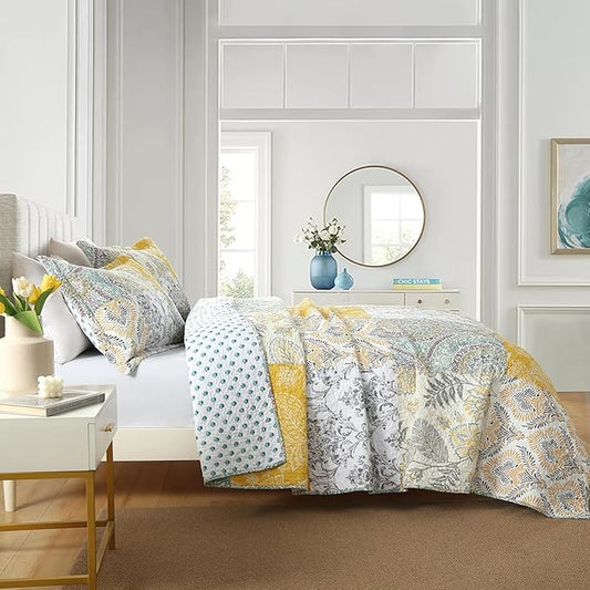 DURLENGEN Botanical Yellow 100% Cotton King Quilt 3Pcs,Bohemian Patchwork Leaves Pattern on White, Luxury Lightweight Coverlet Sets for All Season(King 106x96,Botanical Yellow)