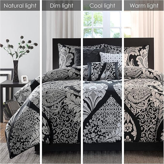 Madison Park Vienna Sateen Cotton Comforter Set, Breathable, Soft Cover, Trendy, All Season Down Alternative Cozy Bedding with Matching Shams, Queen, Black 7 Piece