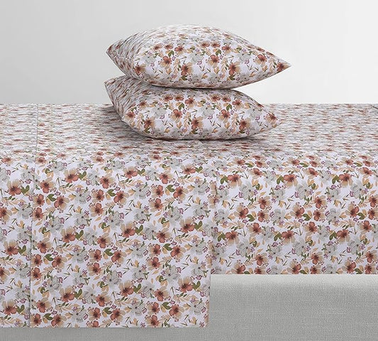 Feather & Stitch Softest 100% Cotton Sheets, 300 Thread Count Percale Weave Bedding, 16" Deep Pocket, Cooling Sheets, Breathable Bed Set, Hotel Premium Quality (Full, Florence)