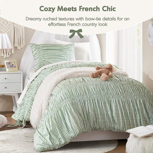 Intelligent Design Ella Twin Comforter Set – Ruched Gingham Shabby Chic Bedding, Bow-Tie Detail, All Season Lightweight 3 Piece Bedding Set, Sham, Twin/Twin XL, Green