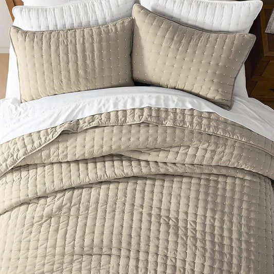 WDCOZY Beige California Cal King Size Quilt Bedding Sets with Pillow Shams, Cream Tan Oversized Lightweight Bedspread Coverlet, Quilted Blanket Thin Comforter Bed Cover, 3 Pieces, 118x106 inches