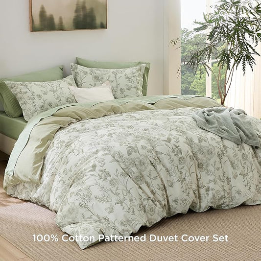 Bedsure Duvet Cover Queen Size - 100% Cotton Reversible Floral Queen Duvet Cover Set with Zipper Closure, 3 Pieces Soft & Breathable PureWoven Botanical Green Bedding Set with 2 Pillow Shams 20"x26"