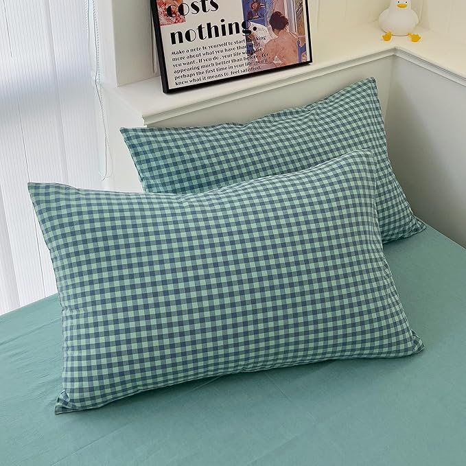 mixinni Dark Green Gingham Comforter Set Full, Plaid Comforter Set 3 Pieces 1 Teal Grid Comfoter with 2 Pillow Cases for All Seasons, Soft Fluffy Modern Grid Pattern Printed Bedding-Full Size