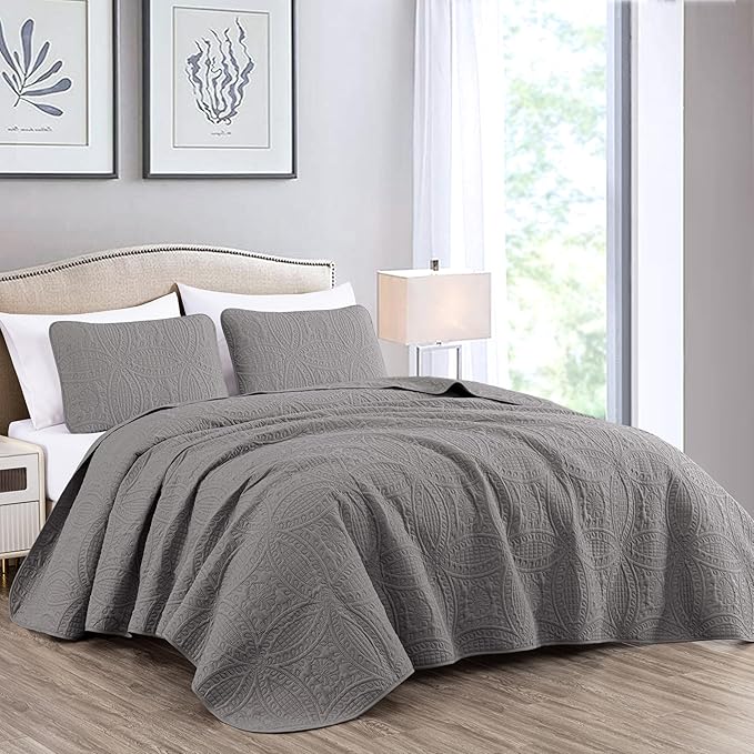 Chezmoi Collection Austin 3-Piece Oversized Bedspread Coverlet Set (Queen, Gray) (Pack of 6)
