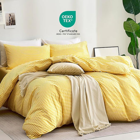 JELLYMONI 100% Natural Cotton 2pcs Striped Duvet Cover Sets,Yellow with White Stripes Pattern Printed Comforter Cover,with Zipper Closure & Corner Ties(Twin Size)