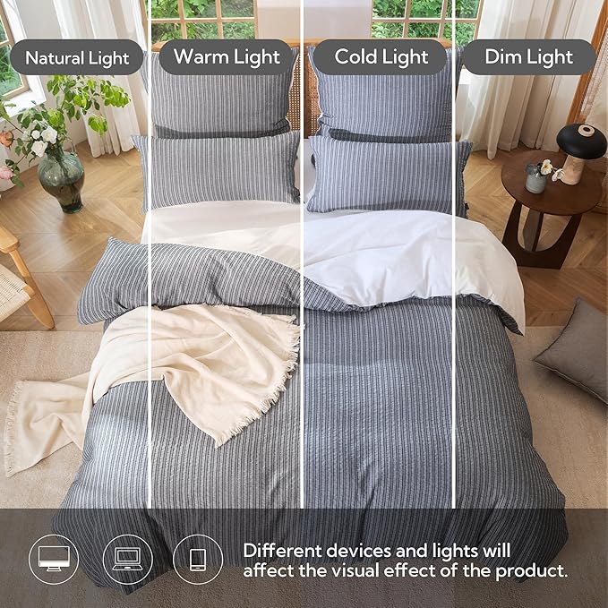 MILDLY Jacquard Stripe Duvet Cover - 100% Washed Cotton Charcoal Boho Textured Comforter Cover Set with Zipper Closure 80"x90"