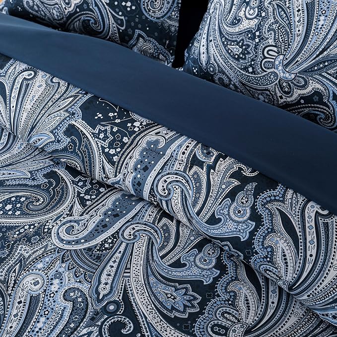 DJY Navy Paisley Comforter Set Queen Size 7 Piece Bed in a Bag Boho Paisley Pattern Comforter Set Soft Lightweight Microfiber Blue Reversible Bedding Set for All Season (90''x90'')