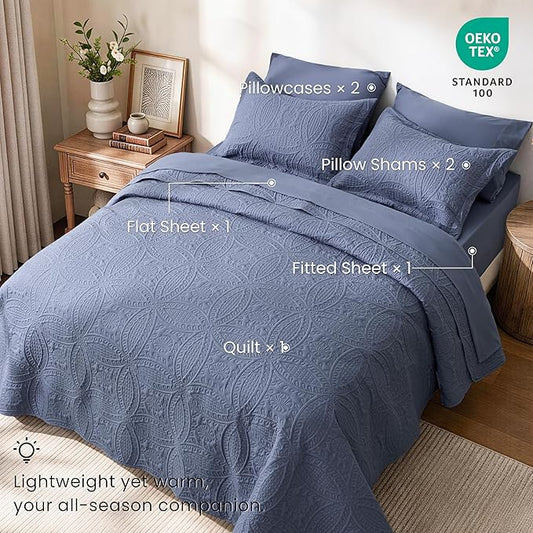 Love's cabin King Quilt Set Bluish Grey, Bed in a Bag King Size Bedding 7 Pcs, Ultrasonic Embossed Coin Pattern Comforter, Lightweight Bedspreads for All Seasons Quilt with Sheets, Pillowcases & Shams