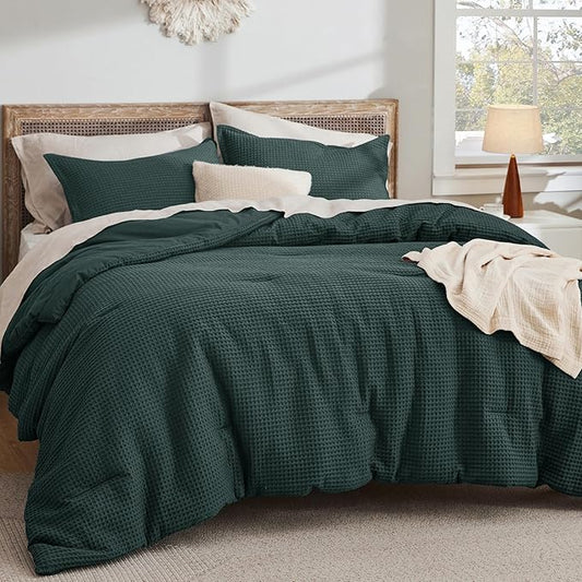 Bedsure Waffle Comforter Set Queen, Forest Green Soft Bedding, Waffle Weave Bed Set, 3 Pieces, 1 Comforter (90"x90") and 2 Pillow Shams, Cotton Shell and Polyester Lining for All Seasons