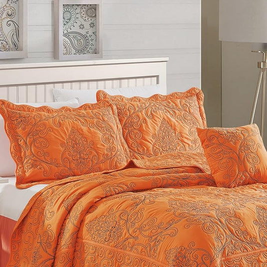 Home Soft Things Damask 4 Piece Bedspread Set, Scalloped Edge Reversible Quilt Coverlet Comforter Prewashed Bedding Set, Matelasse Embossed Floral Solid Pattern,Nectarine Oversize King(120" x 120")