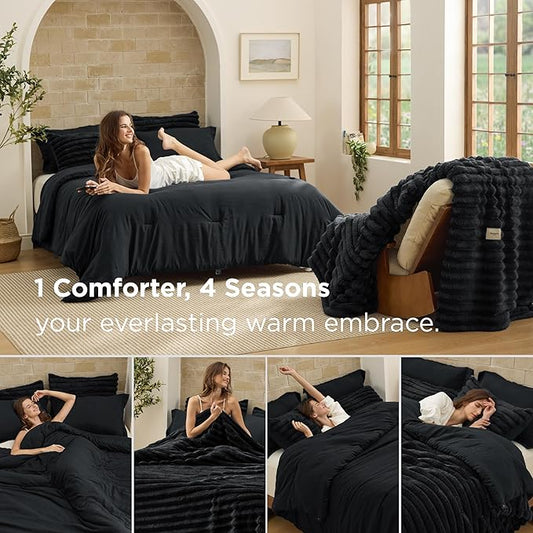 Bedsure Gentlesoft™ 2-in-1 King Size Comforter Set and Detachable Fluffy Blanket, Black Bedding Set for All Season Use, SnapTech™ Design for Space Saving (Includes 2 Pillow Shams, 2 Pillowcases)