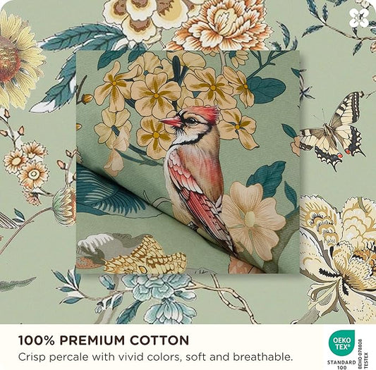 Bedsure Floral Duvet Cover King Size - 100% Cotton Reversible Flowers and Birds Pattern Duvet Cover Set, 3 Pieces Soft & Breathable PureWoven Bedding Set with 2 Pillow Shams (Green Garden, 104"x90")
