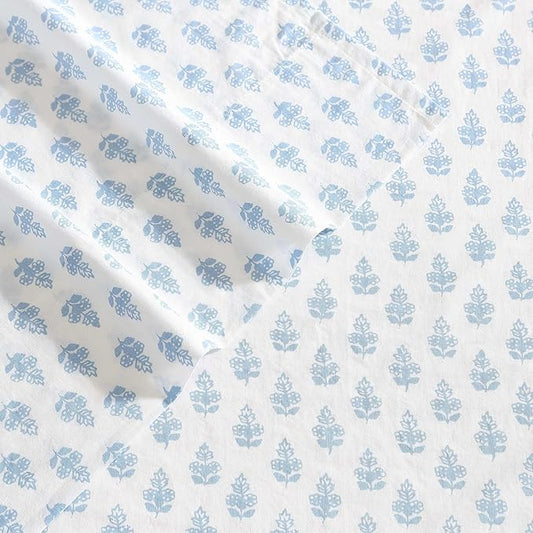 Laura Ashley - Queen Sheet Set, Crisp & Cool Sheets w/a Naturally Smooth Cotton Percale Feel, Deep Pocket, Bed Sheets with Matching Pillowcases & Fitted Sheet (Francesca Blue)