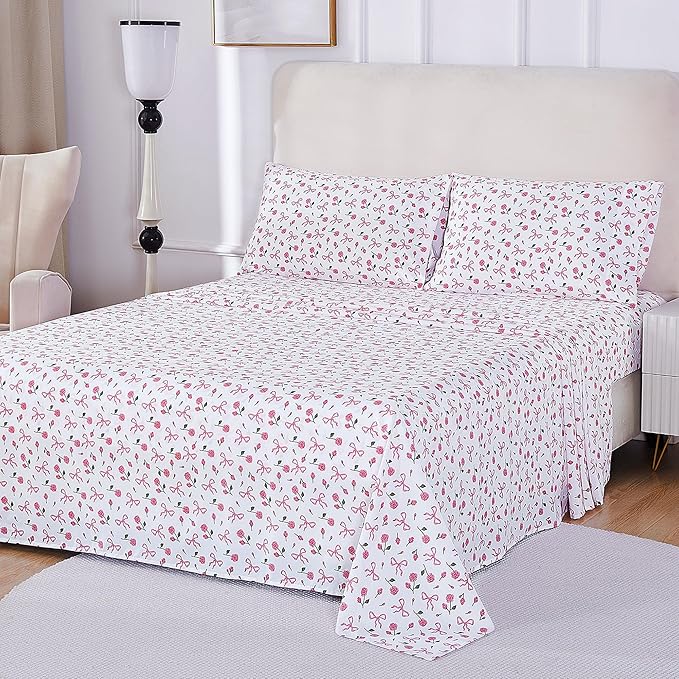Softan Pink Floral Queen Bed Sheets, Cozy Microfiber Flower Printed Sheets with 15" Deep Pocket Fitted Sheet & Non-Slip Straps, Patterned Pink Rose - Bow Sheets & Pillowcase Set