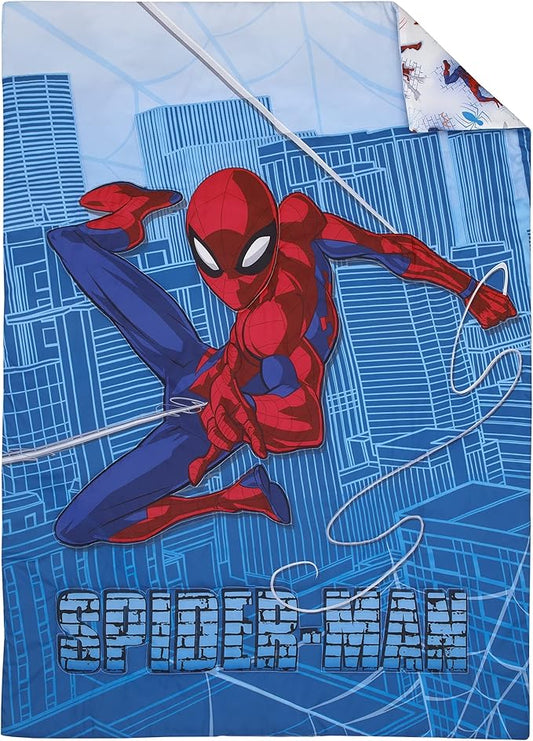 Disney Marvel Spiderman Wall Crawler Red, White, and Blue Spider Webs 4 Piece Toddler Bed Set - Comforter, Fitted Bottom Sheet, Flat Top Sheet, and Reversible Pillowcase
