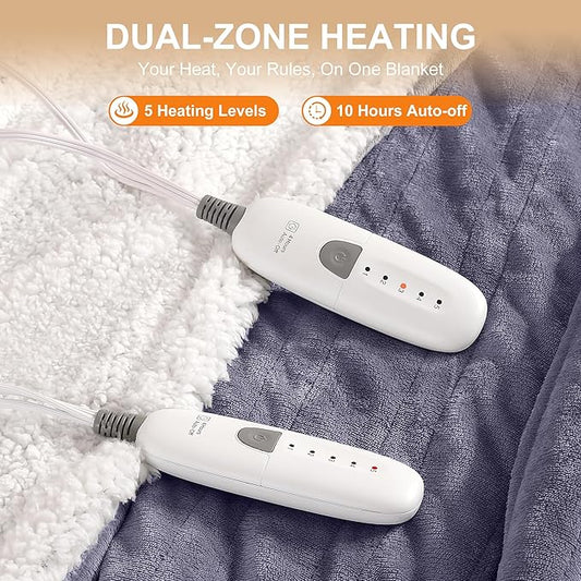 Queen Size Heated Blanket 84''X90'' Heating Blanket - Purple Electric Blanket Flannel Sherpa Double Controllers Heated Blanket with 5 Heat Settings & 10 Hours Auto-Off for Grandma Gifts(Lavender)