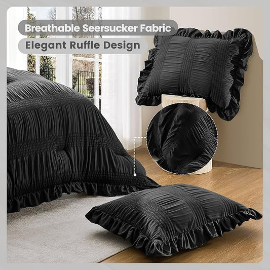 QUIETSEA Twin Comforter Set Seersucker 5 Pieces Luxury Ruffle Bed in a Bag Twin Size for All Season Black Bedding Set with Comforter, Pillowcase, Flat Sheet, Fitted Sheet and Pillow Sham