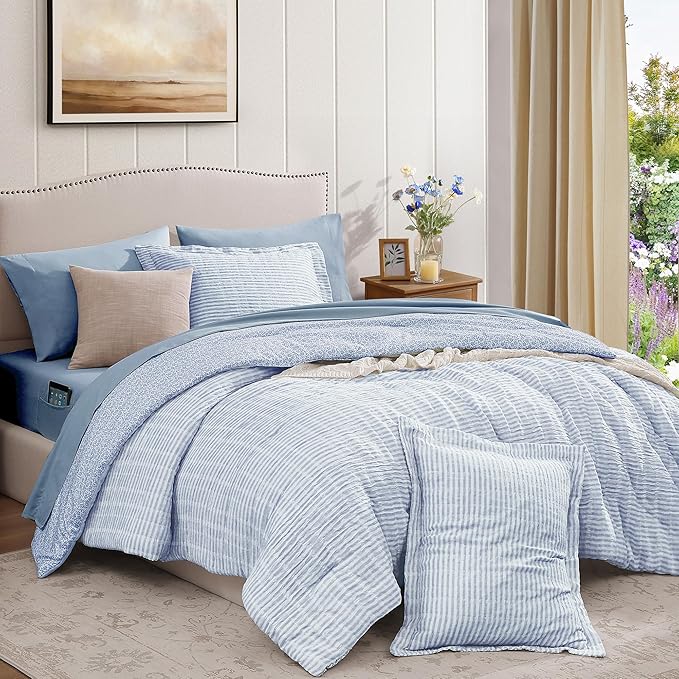Queen Comforter Set - 7 Pieces Blue Gauze Muslin Bedding Sets for All Seasons, Lightweight Breathable Bed in a Bag Queen with Revesible Farmhouse Comforter, Sheets, Pillowcases & Shams