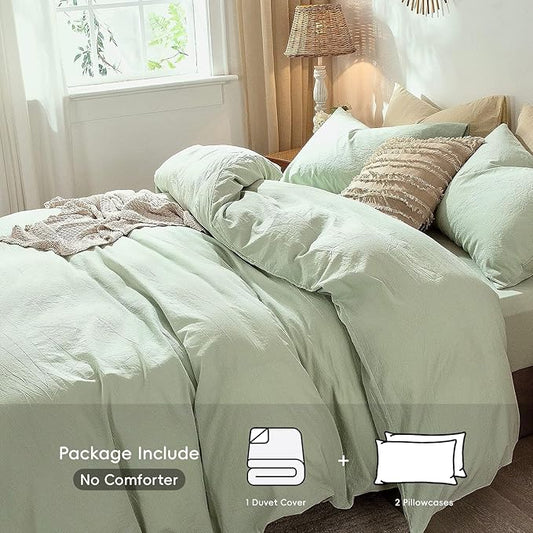 MooMee Bedding Duvet Cover Set 100% Washed Cotton Linen Like Textured Breathable Durable Soft Comfy (Heathered Seaglass Green, Queen 90"x90")