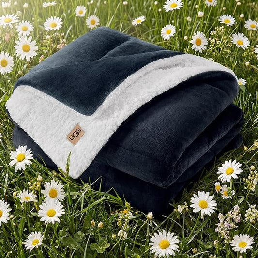 UGG Nita Throw Blanket for Couch, Reversible Plush Throw for Couch or Bed, Cozy Fluffy Fleece Blanket, Living Room Decor, Washable Bedding, 50-inch x 70-inch, Navy Blue