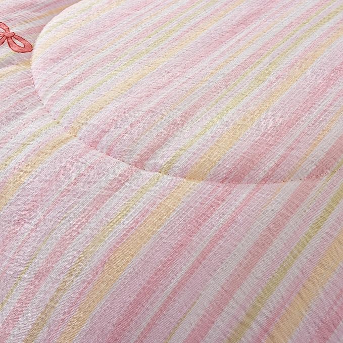 A Nice Night Rainbow Stripes & Bows Bedding Set,Ruffle 6 Piece Bed in a Bag Matching Sheet Set,Princess Style Chic Bow Printed,Light Pink Room Decor for Girls,Twin