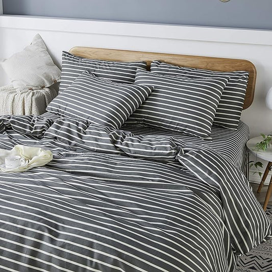 JELLYMONI 100% Natural Cotton 3pcs Striped Duvet Cover Sets, Dark Grey with White Stripes Pattern Printed Comforter Cover, with Zipper Closure & Corner Ties(Queen Size)
