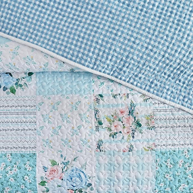 Joyreap 3 Pieces Floral Patchwork Quilt Set California King, 102x114 inches- Blue n White Flowers Design, Smooth Soft Microfiber Quilt, Bedspread Bed Cover for All Season
