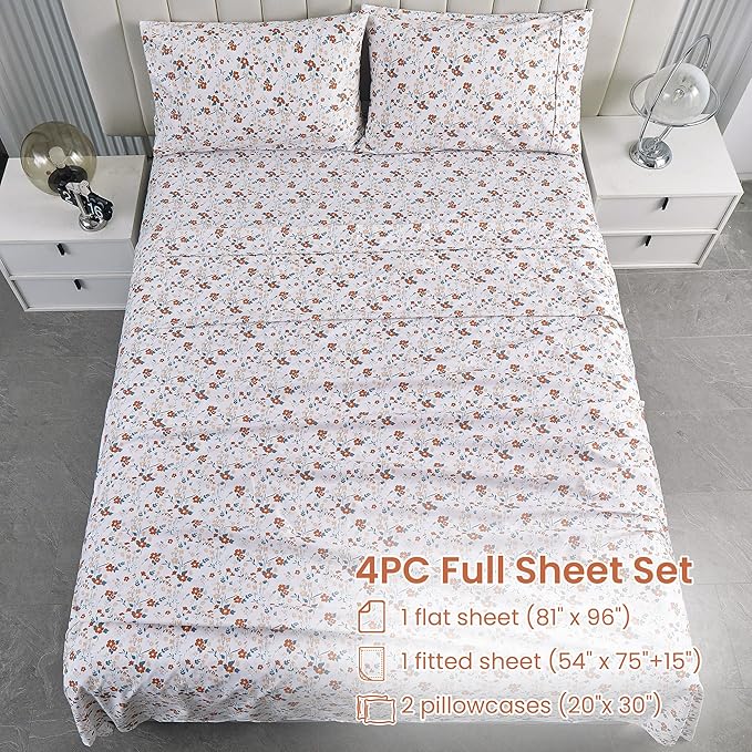 Softan Floral Full Sheet Set, Orange Flower Printed Bed Sheets - 4 Piece Soft Microfiber Patterned Fitted Sheets with 15" Deep Pocket & Non-Slip Straps, Cute Flower Sheets & Pillowcase Set