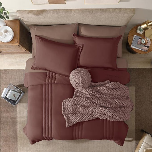 Monbix Full Comforter Set - 7 Pieces Dark Red Bed in a Bag Full Size Bedding Sets with Comforters, All Seasons Comforter with Sheets, Pillowcases & Shams