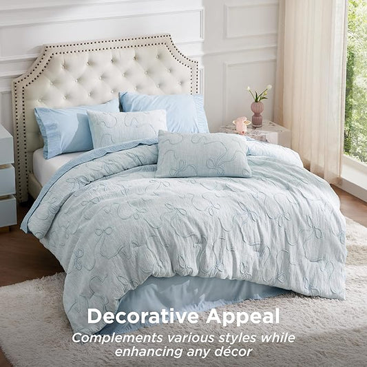 Bedsure Dusty Blue King Size Comforter Set, GentleSoft™ 3 Pieces Breathable Bow Comforter Set Women with 2 Pillow Shams, Cute King Bedding Set Room Decor Aesthetic Bedroom Decor, 104x90 Inches