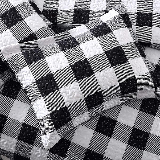 EXQ Home Quilt Set Twin Size 2 Piece,Lightweight Microfiber Coverlet Modern Style Black and White Squares Pattern Bedspread Set(1 Quilt,1 Pillow Sham)