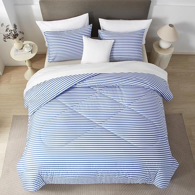 mixinni Striped Comforter Set King Size -Blue Stripes Pattern Bed Set for All Season, 3 Pieces Lightweight Bedding Comforter Sets for All Seasons (1 Soft Fluffy Comforter + 2 Pillowcases)