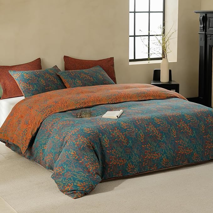 BISELINA 100% Cotton Muslin Duvet Cover Set King, 3 Pcs Yarn-Dyed Jacquard Textured Reversible Floral Design, Soft and Breathable Bedding Set with Zipper Closure, Blue Orange