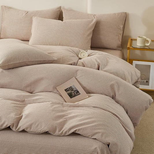 EAVD Tan Plaid Gingham Duvet Cover Queen Soft 100% Washed Cotton Reversible Tan and White Plaid Duvet Cover with 2 Pillowcases Farmhouse Ginggham Bedding Set with Zipper Closure