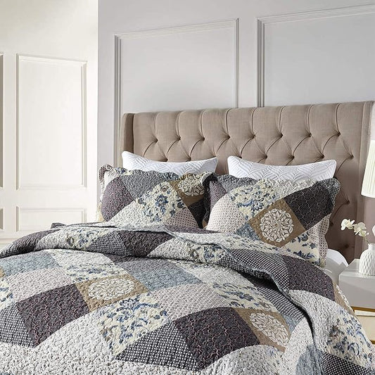 Travan 3-Piece Queen Quilt Set Quilted Bedspread Oversized Microfiber Lightweight Coverlet Set with Shams Reversible Printed Coverlet Bedding Set for All Season, Slate Blue, Queen Size